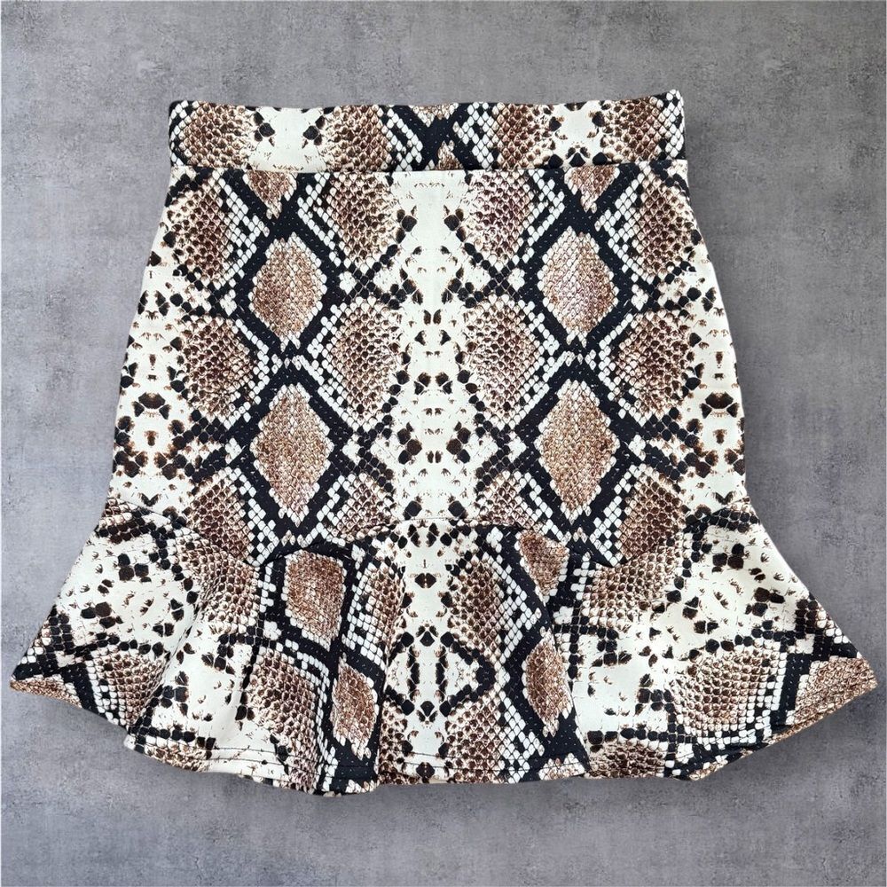 Nasty Gal Snakeskin Print Peplum Ruffle Mini Skirt - Tan & Black Python Size 8